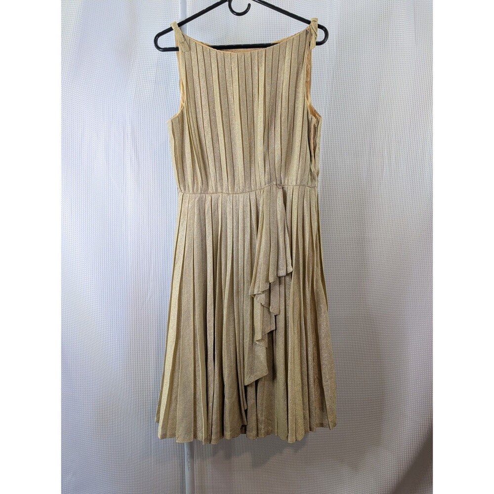 Vintage M Gold Sparkly Dress Lurex Glam Pleated Toga Handmade 70s Disco (K14)